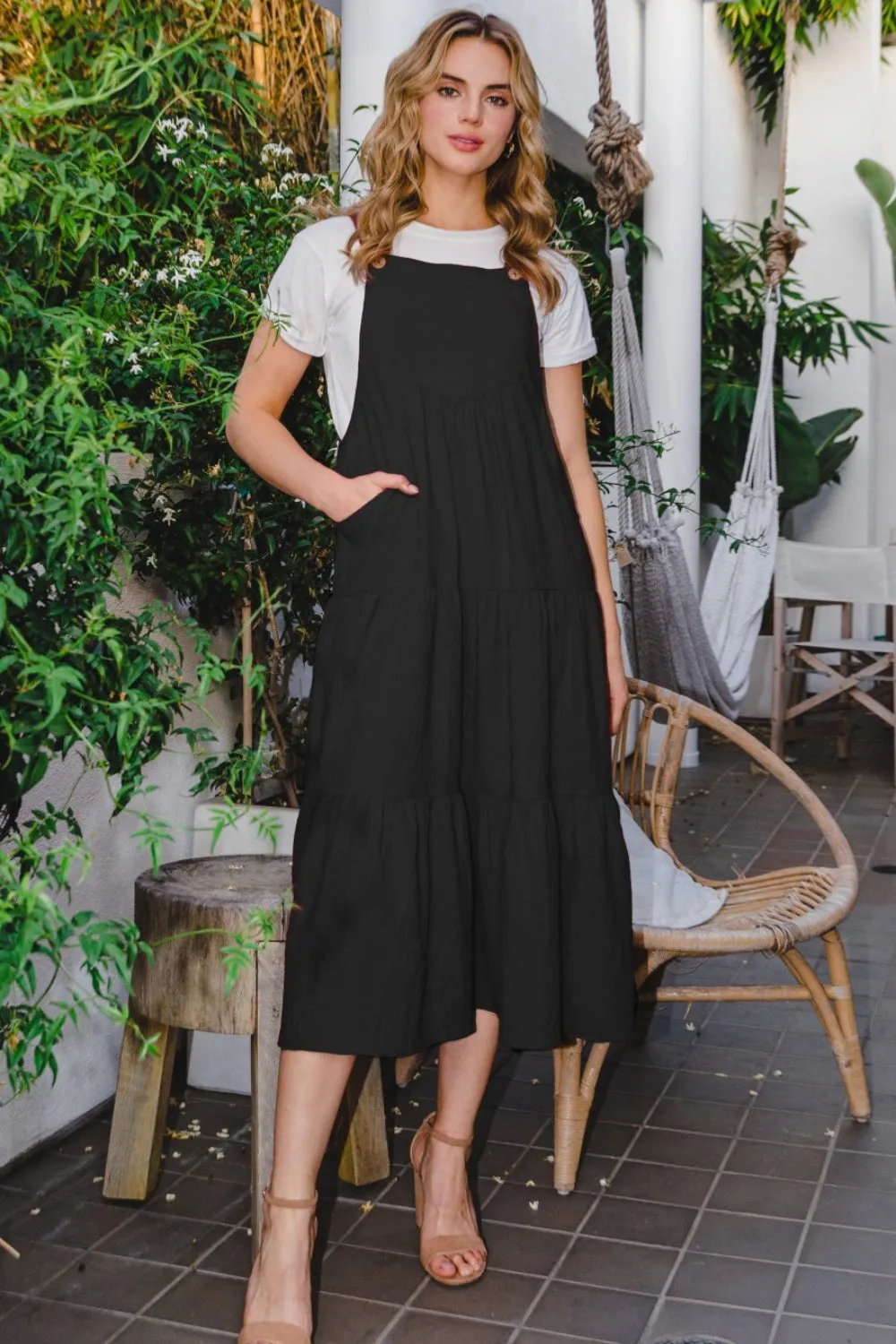 ODDI Black Overall Sleeveless Tiered Midi Dress
