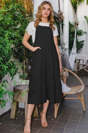 ODDI Black Overall Sleeveless Tiered Midi Dress