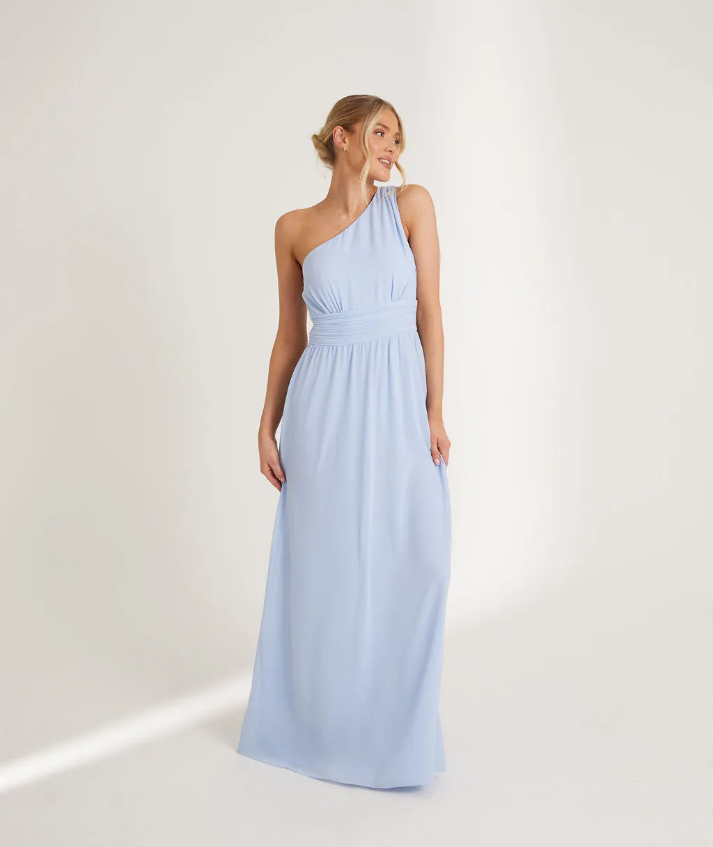 One Shoulder Pleated Waist Chiffon Bridesmaid Dress - Cornflower Blue