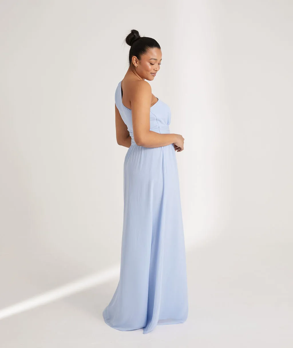 One Shoulder Pleated Waist Chiffon Bridesmaid Dress - Cornflower Blue