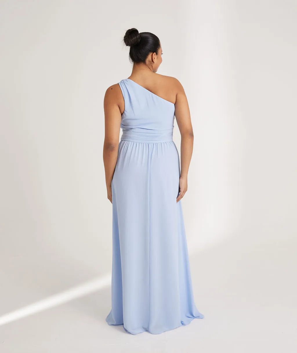 One Shoulder Pleated Waist Chiffon Bridesmaid Dress - Cornflower Blue