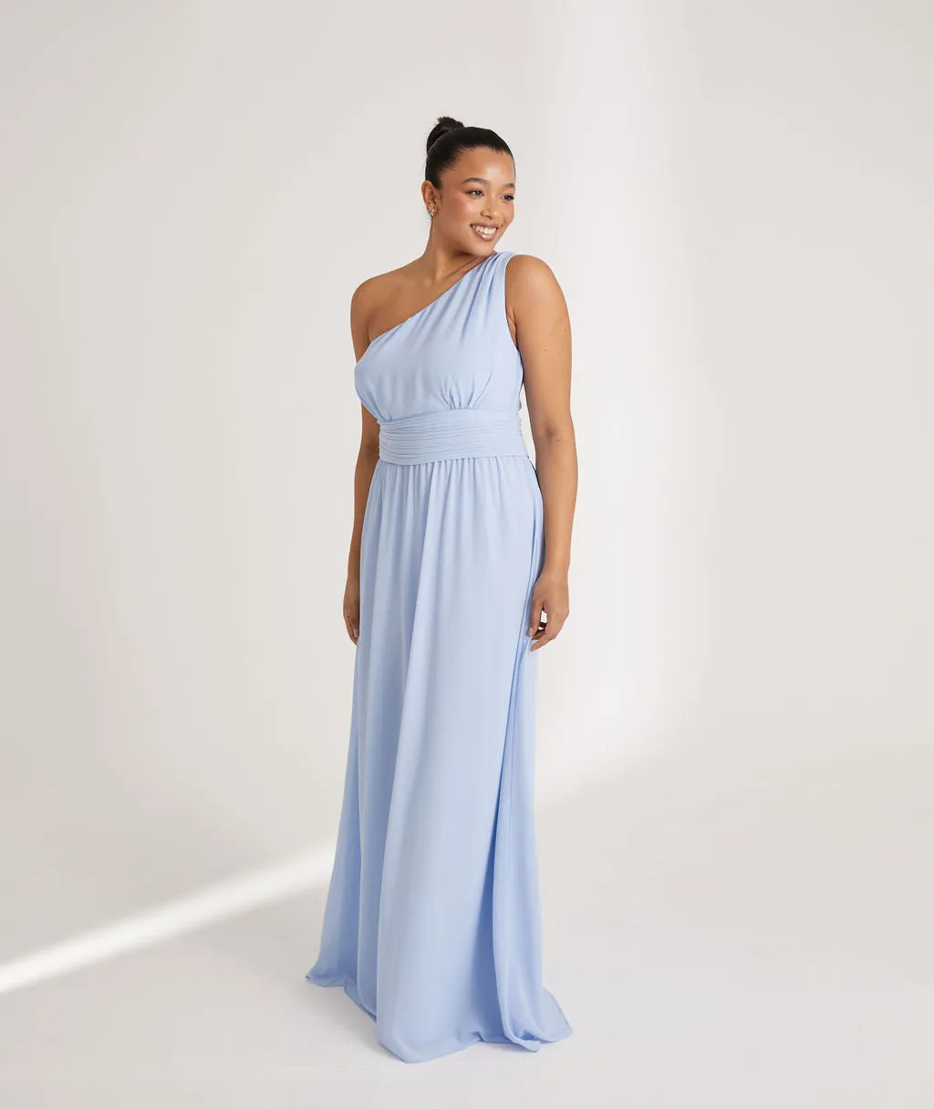 One Shoulder Pleated Waist Chiffon Bridesmaid Dress - Cornflower Blue
