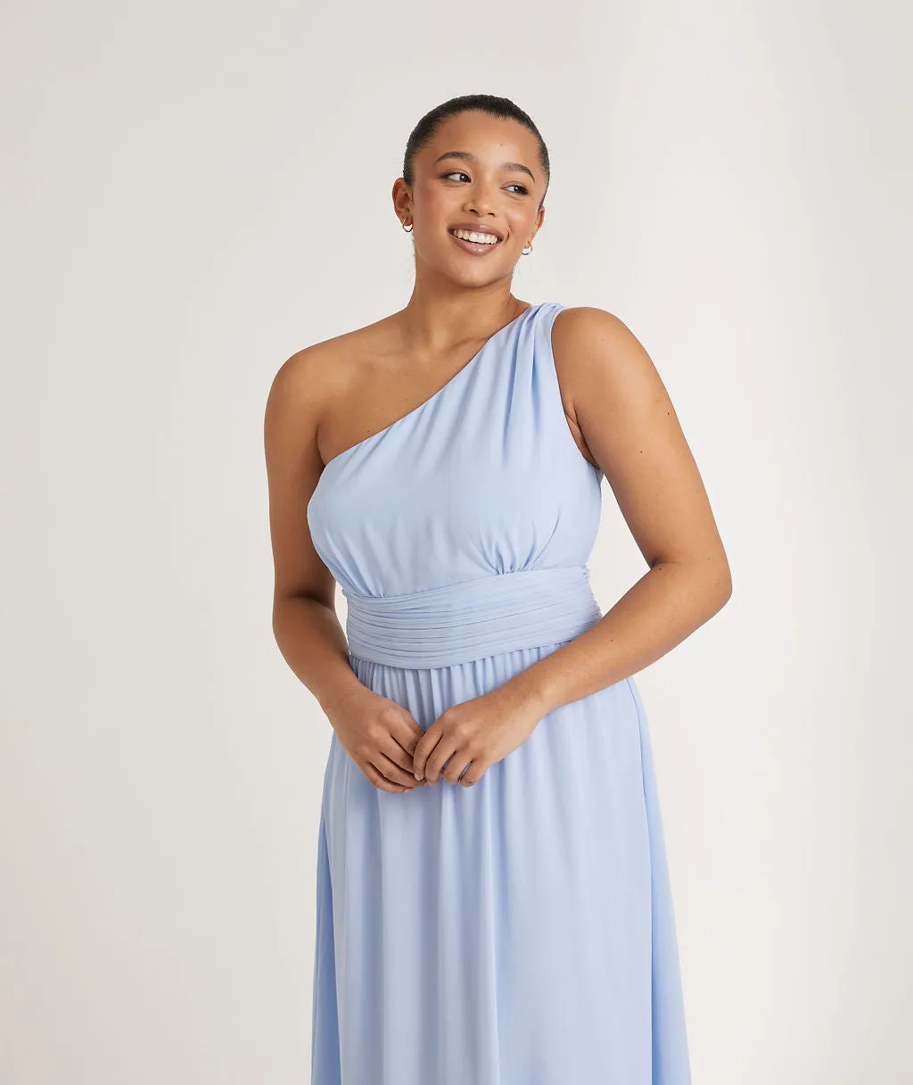 One Shoulder Pleated Waist Chiffon Bridesmaid Dress - Cornflower Blue