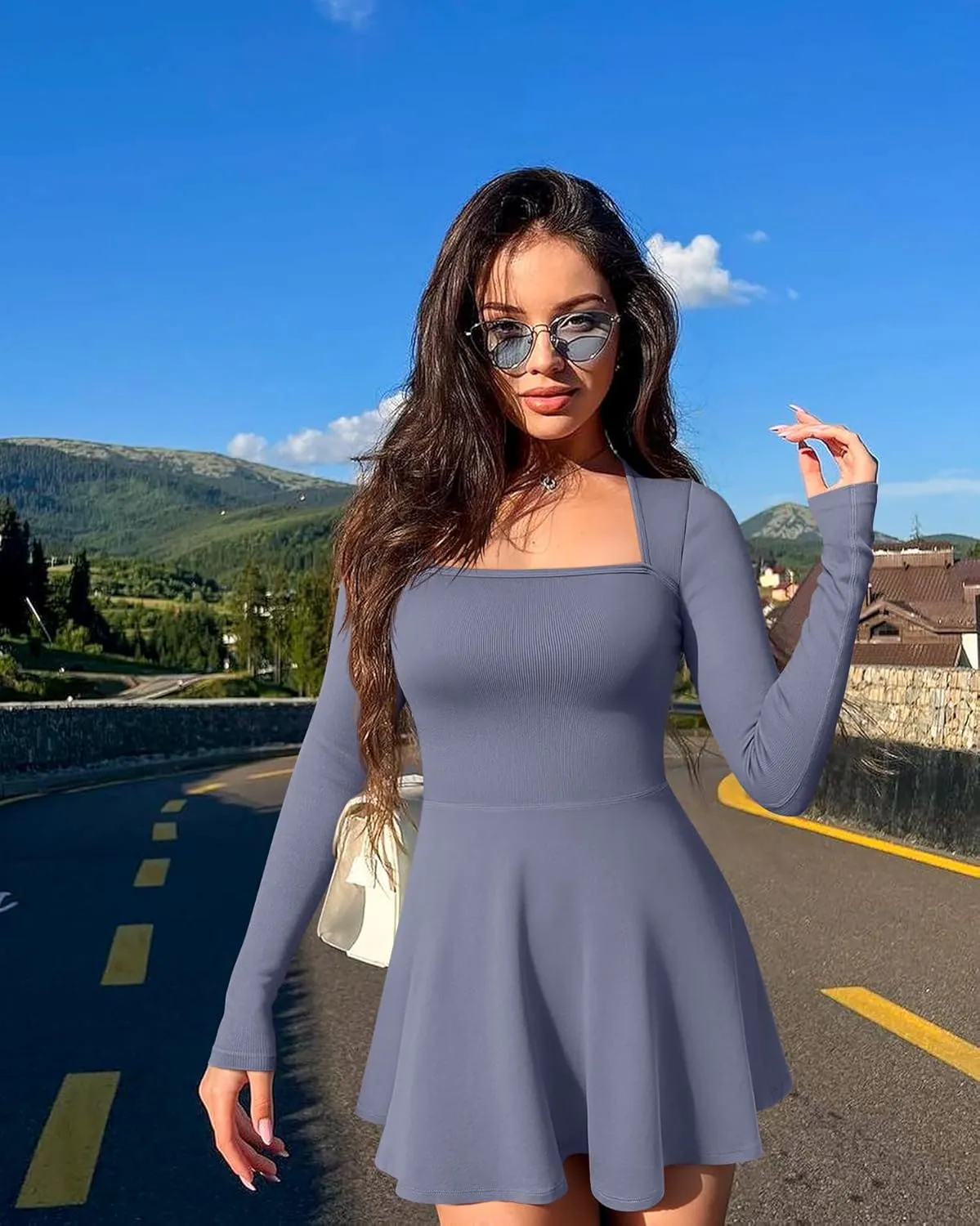 OQQ Women Long Sleeve Dresses Square Neck Casual Party Club A-Line Mini Dress