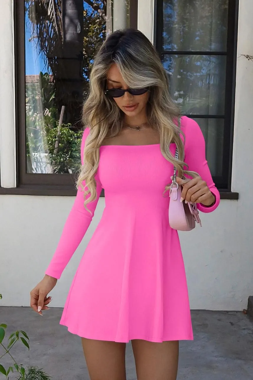 OQQ Women Long Sleeve Dresses Square Neck Casual Party Club A-Line Mini Dress
