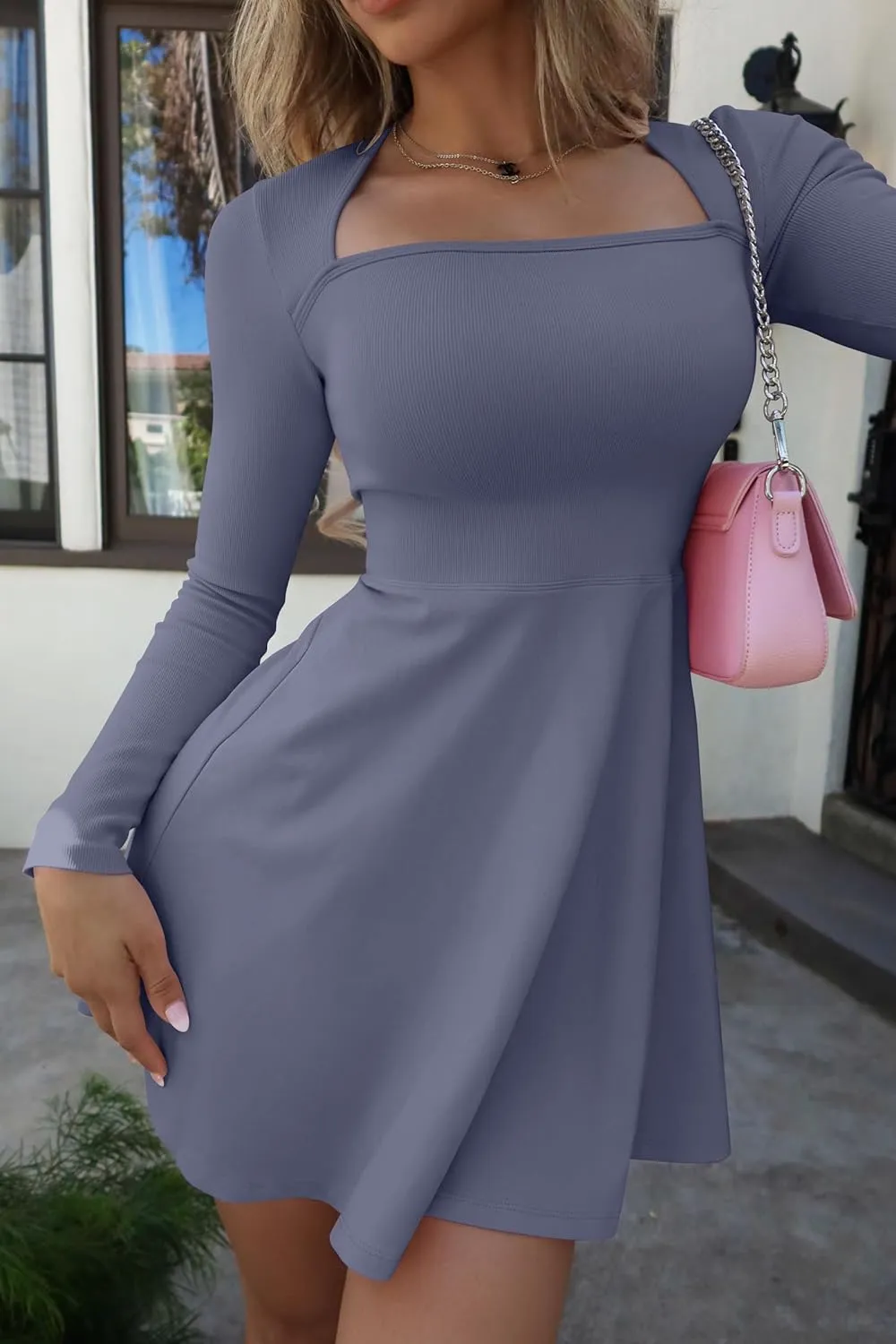 OQQ Women Long Sleeve Dresses Square Neck Casual Party Club A-Line Mini Dress
