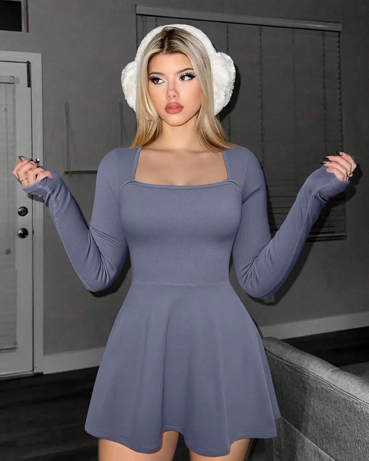 OQQ Women Long Sleeve Dresses Square Neck Casual Party Club A-Line Mini Dress