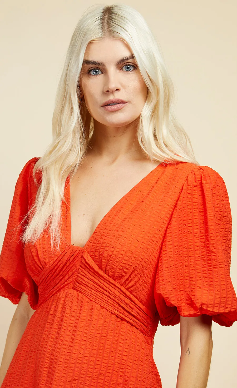 Orange Textured Puff Sleeve Midi Dress