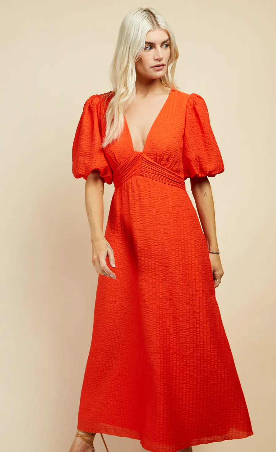 Orange Textured Puff Sleeve Midi Dress