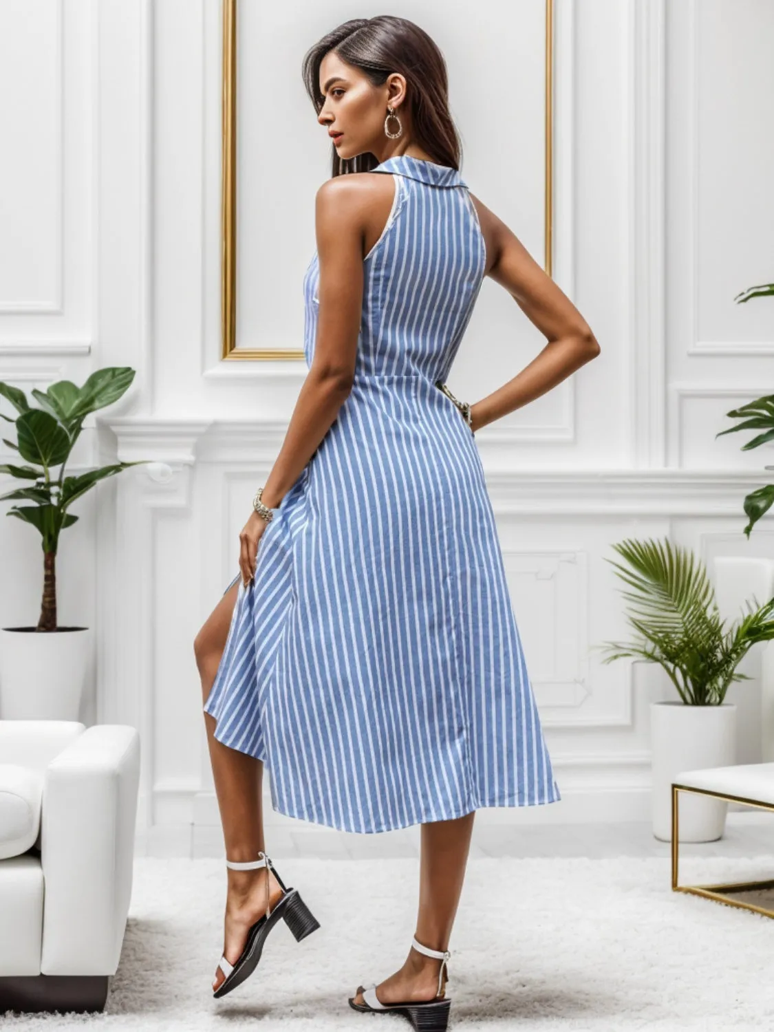Pin Stripe Dress Women's Casual and Work Fashion Collar Neck Slit Sleeveless Midi Dress KESLEY