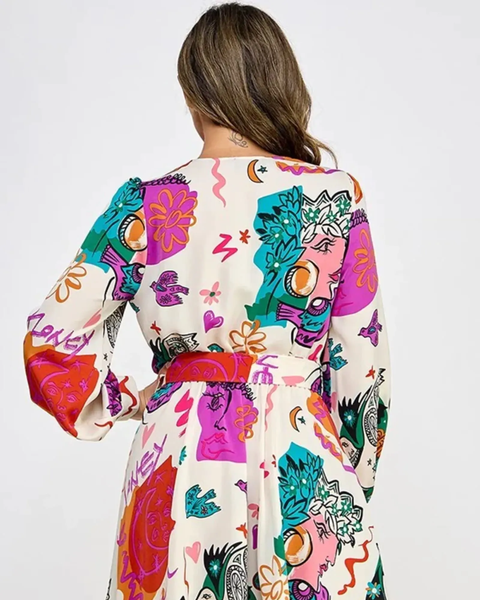 Printed Long Sleeve Mini Dress With Belt | Beige
