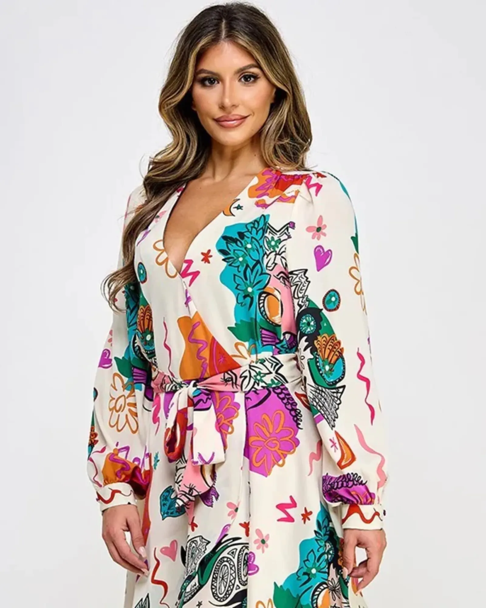 Printed Long Sleeve Mini Dress With Belt | Beige