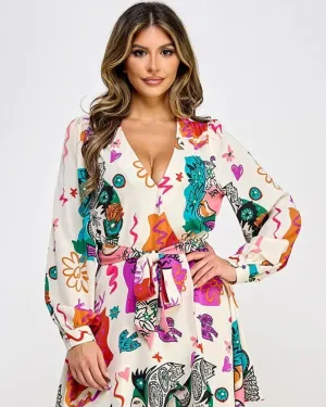 Printed Long Sleeve Mini Dress With Belt | Beige