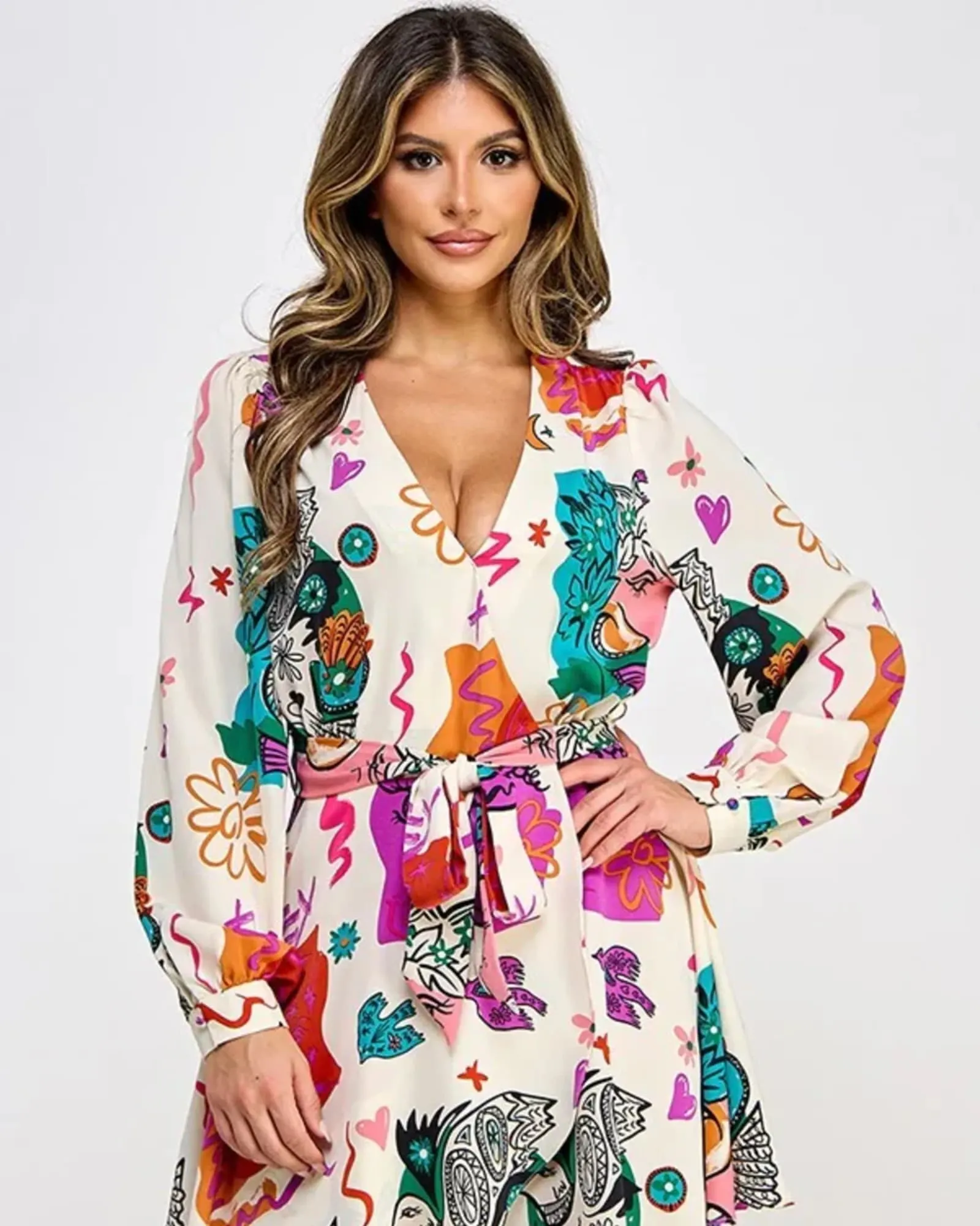 Printed Long Sleeve Mini Dress With Belt | Beige