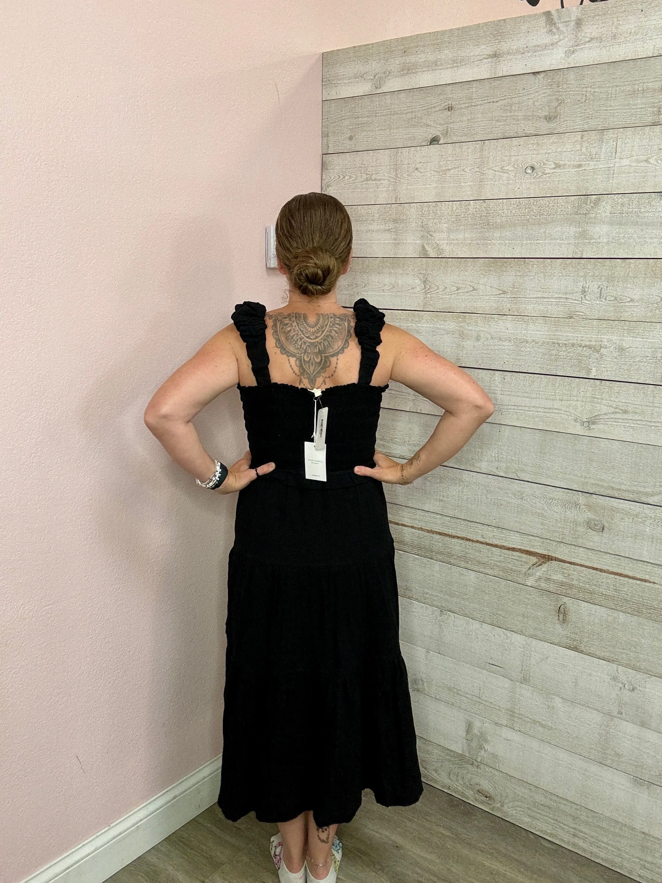 "You Got This" Ruched Shoulder Black Dress