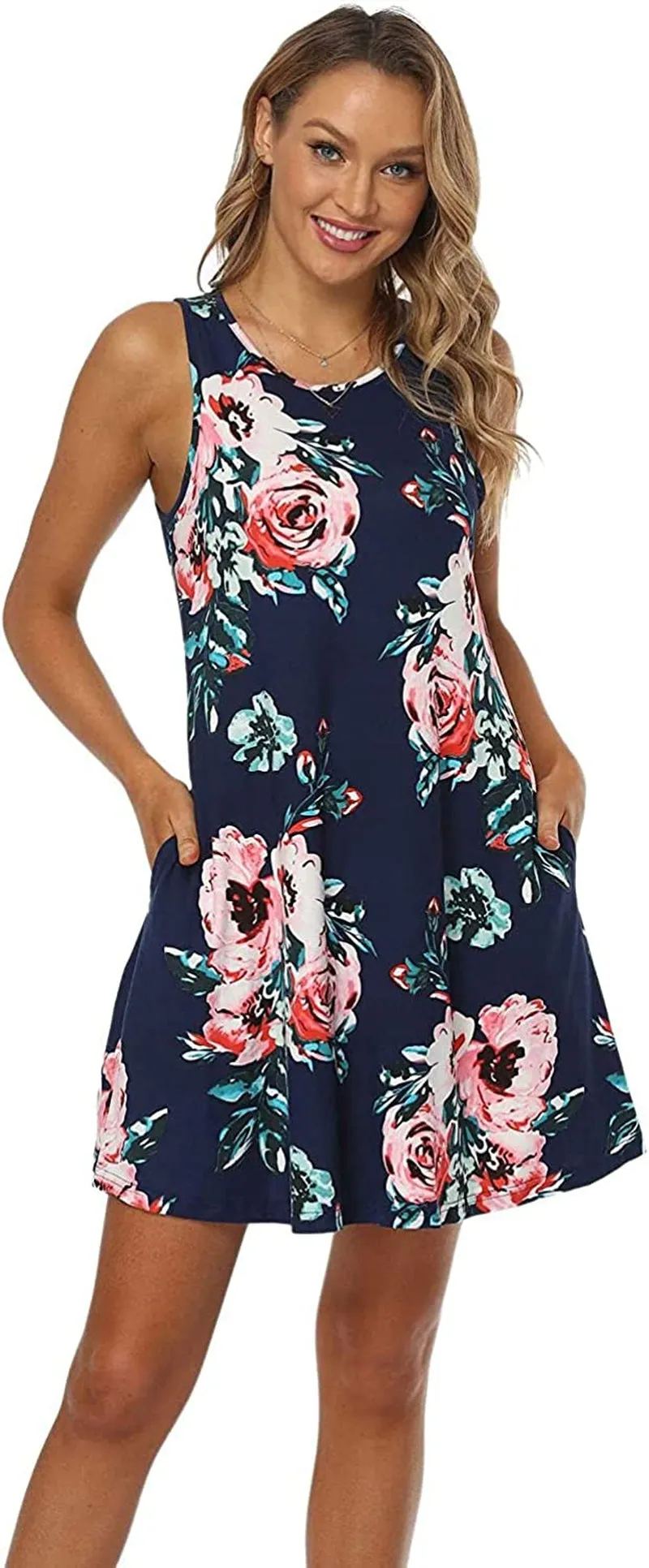 Qurvoo Women's Short Summer Casual Dress Floral Tank Sleeveless/Short Sleeve Dress with Pockets