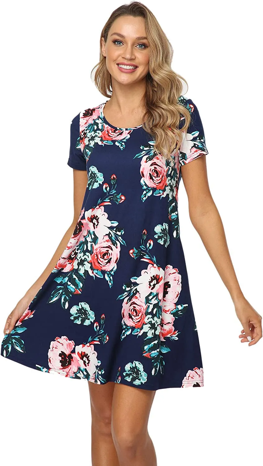 Qurvoo Women's Short Summer Casual Dress Floral Tank Sleeveless/Short Sleeve Dress with Pockets