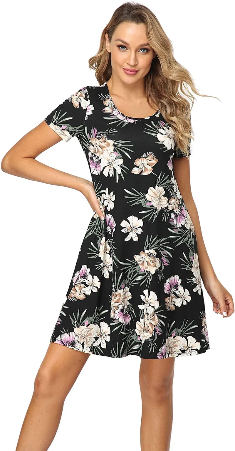 Qurvoo Women's Short Summer Casual Dress Floral Tank Sleeveless/Short Sleeve Dress with Pockets