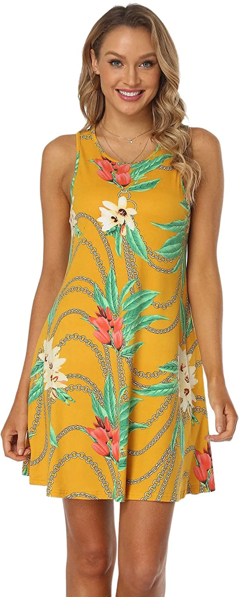 Qurvoo Women's Short Summer Casual Dress Floral Tank Sleeveless/Short Sleeve Dress with Pockets