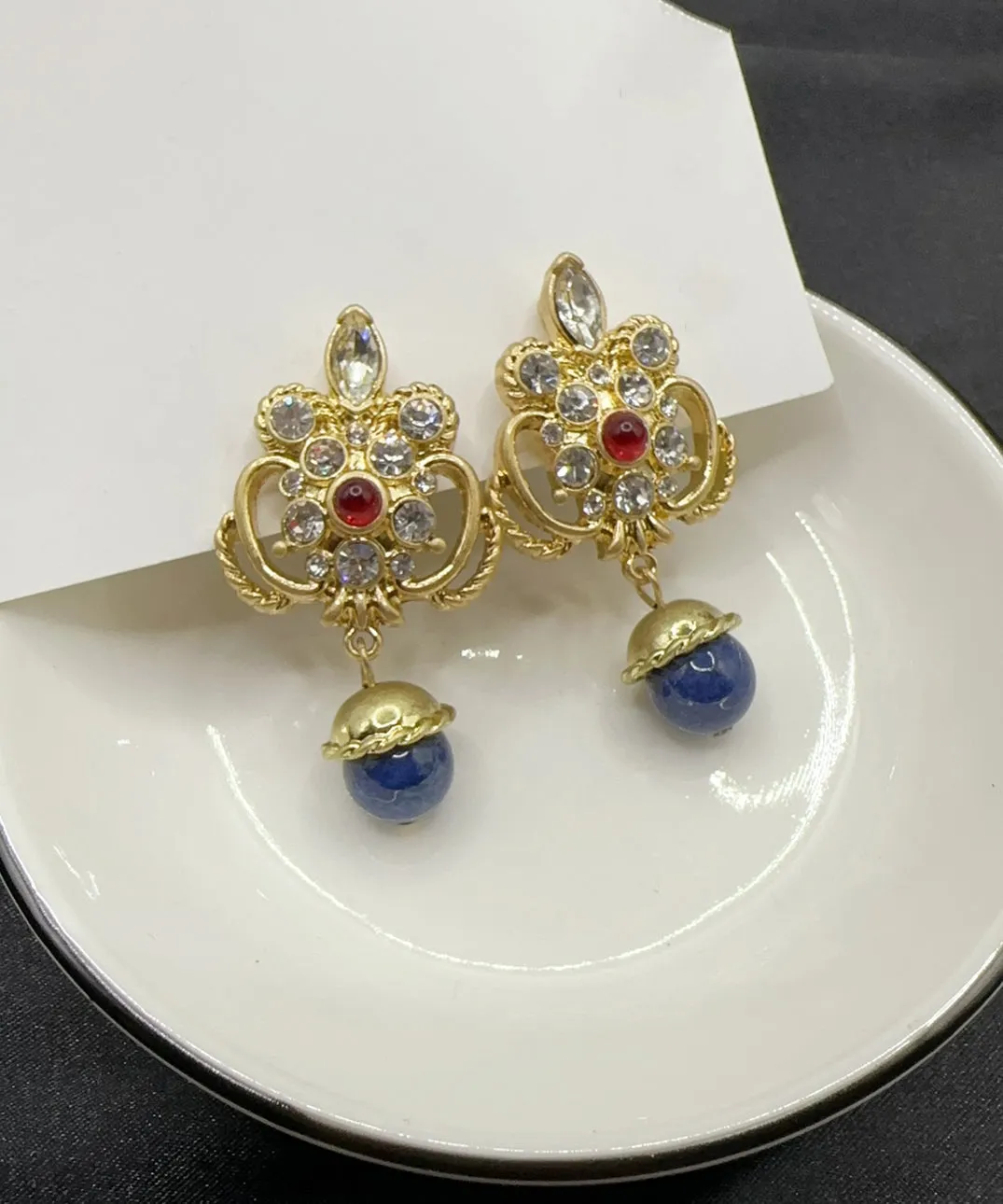 Retro Blue Sterling Silver Overgild Zircon Crystal Glass Drop Earrings GH1026