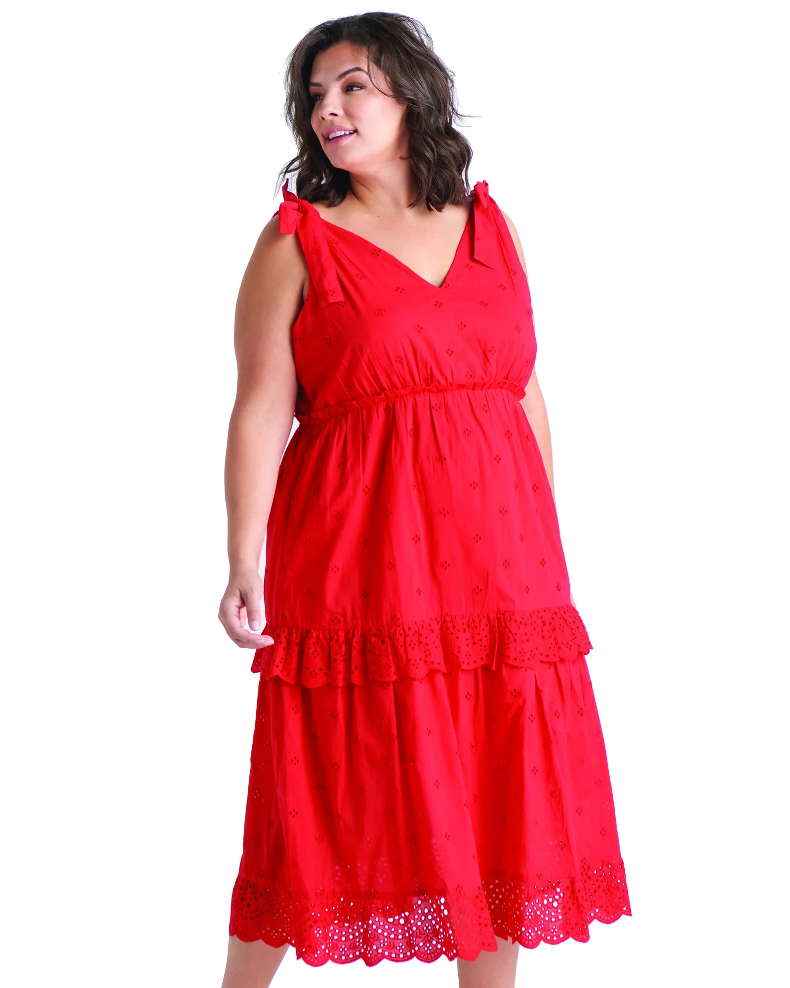 Reyna Eyelet Midi Dress | Red