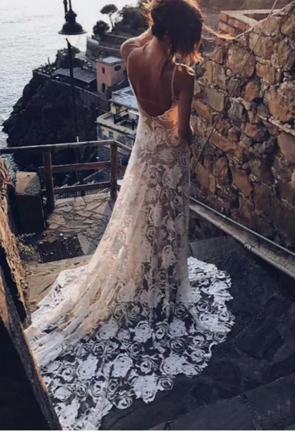 Rose Lace Spaghetti Straps Wedding Dresses Bridal Gown Sheath