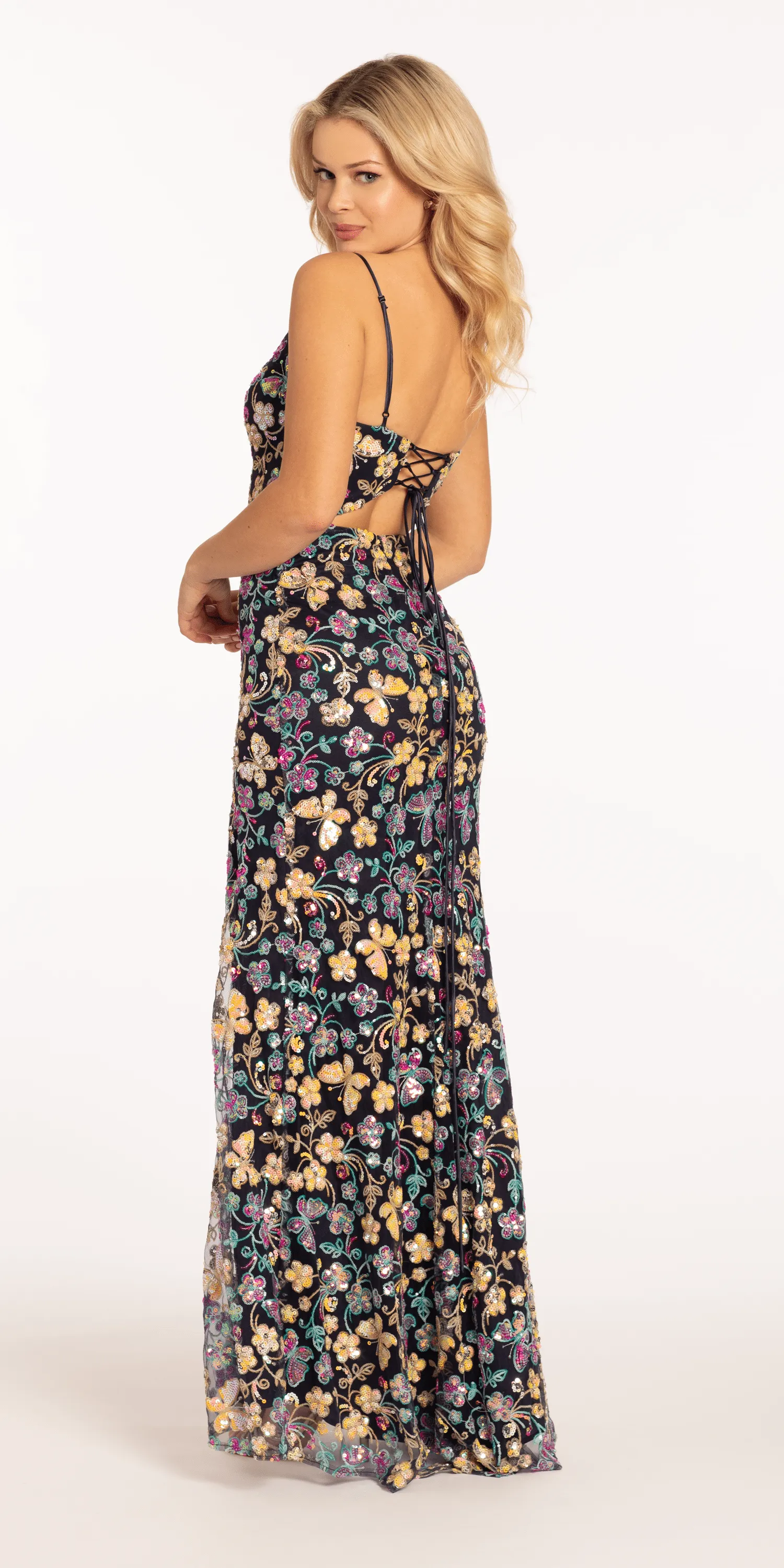 Sequin Floral Garden Plunging Mesh Column Dress