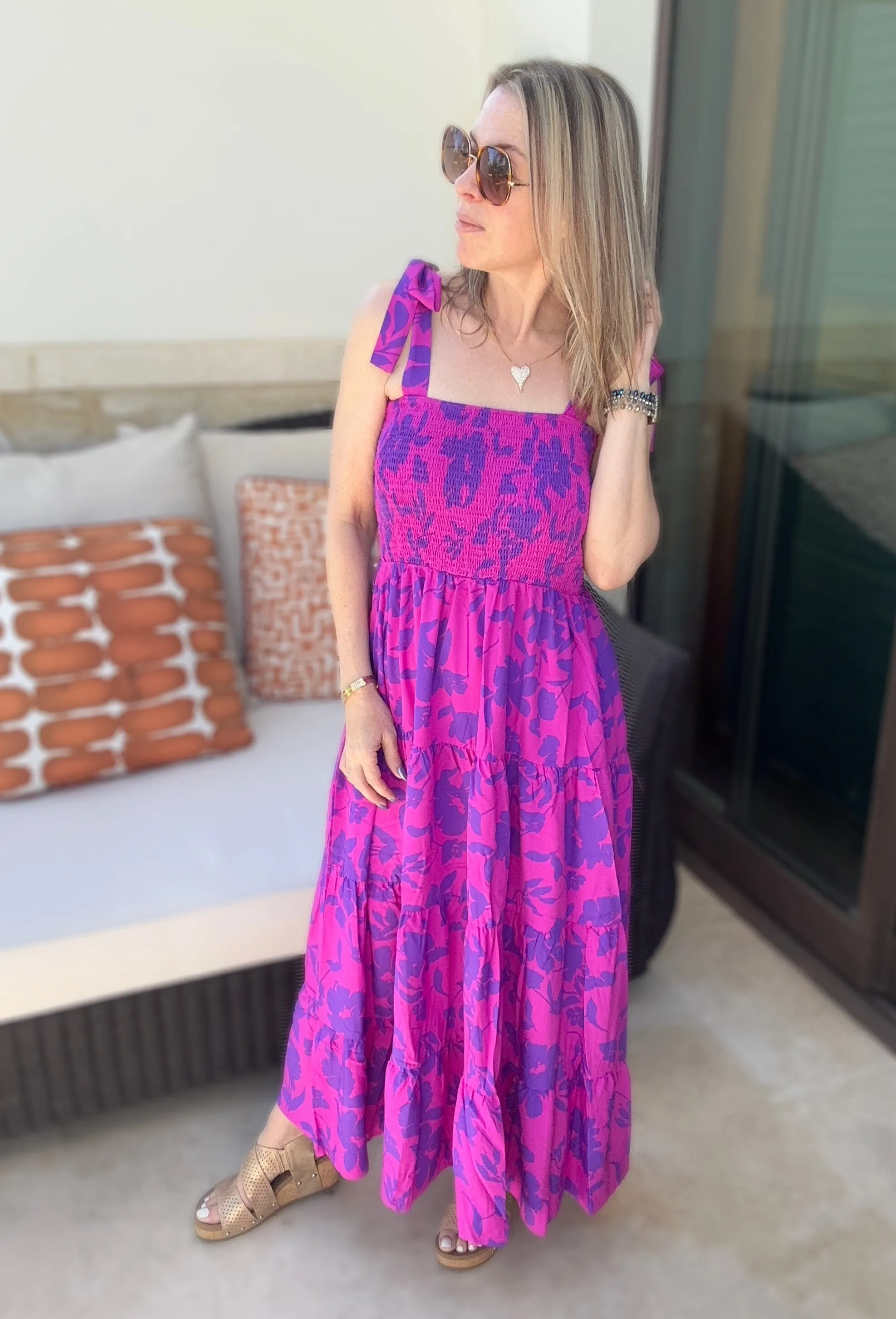 Serina Smocked Tiered Maxi Dress with Tie Straps