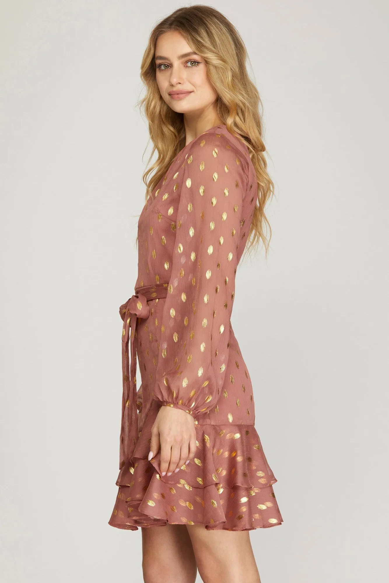 She And Sky Gold-Dot Chiffon Dress With Ruffled Hem In Dusty Rose