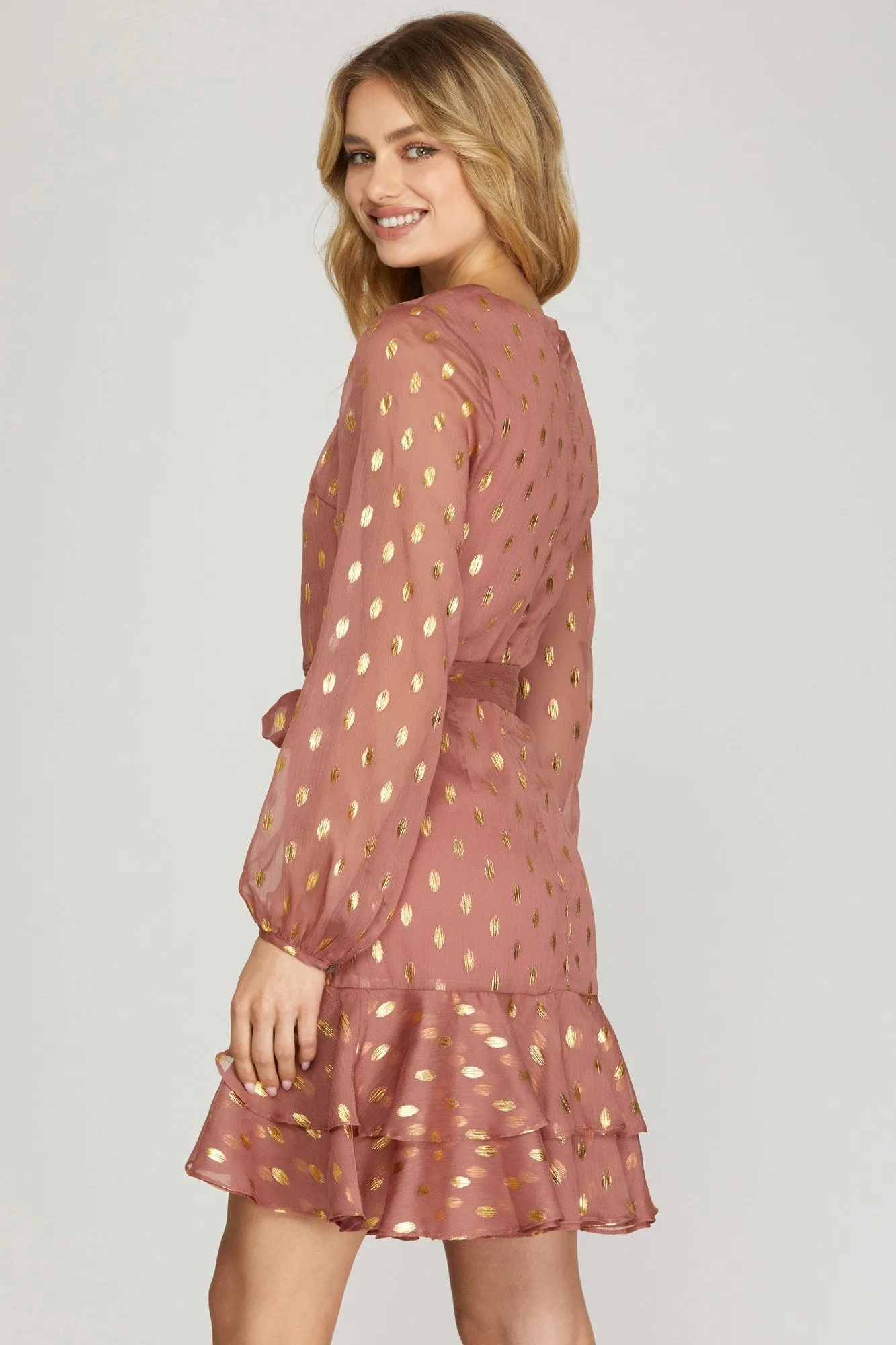 She And Sky Gold-Dot Chiffon Dress With Ruffled Hem In Dusty Rose