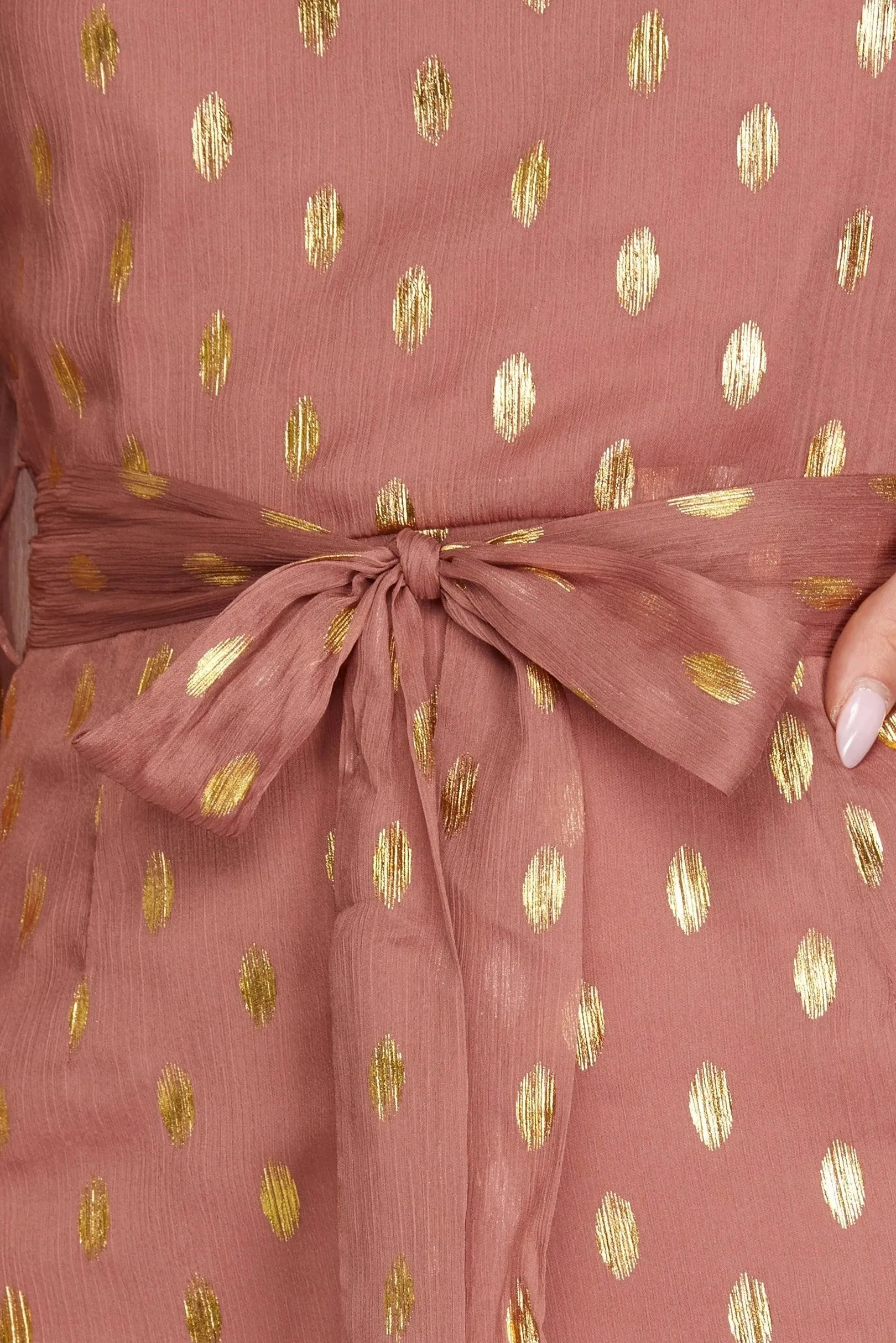 She And Sky Gold-Dot Chiffon Dress With Ruffled Hem In Dusty Rose