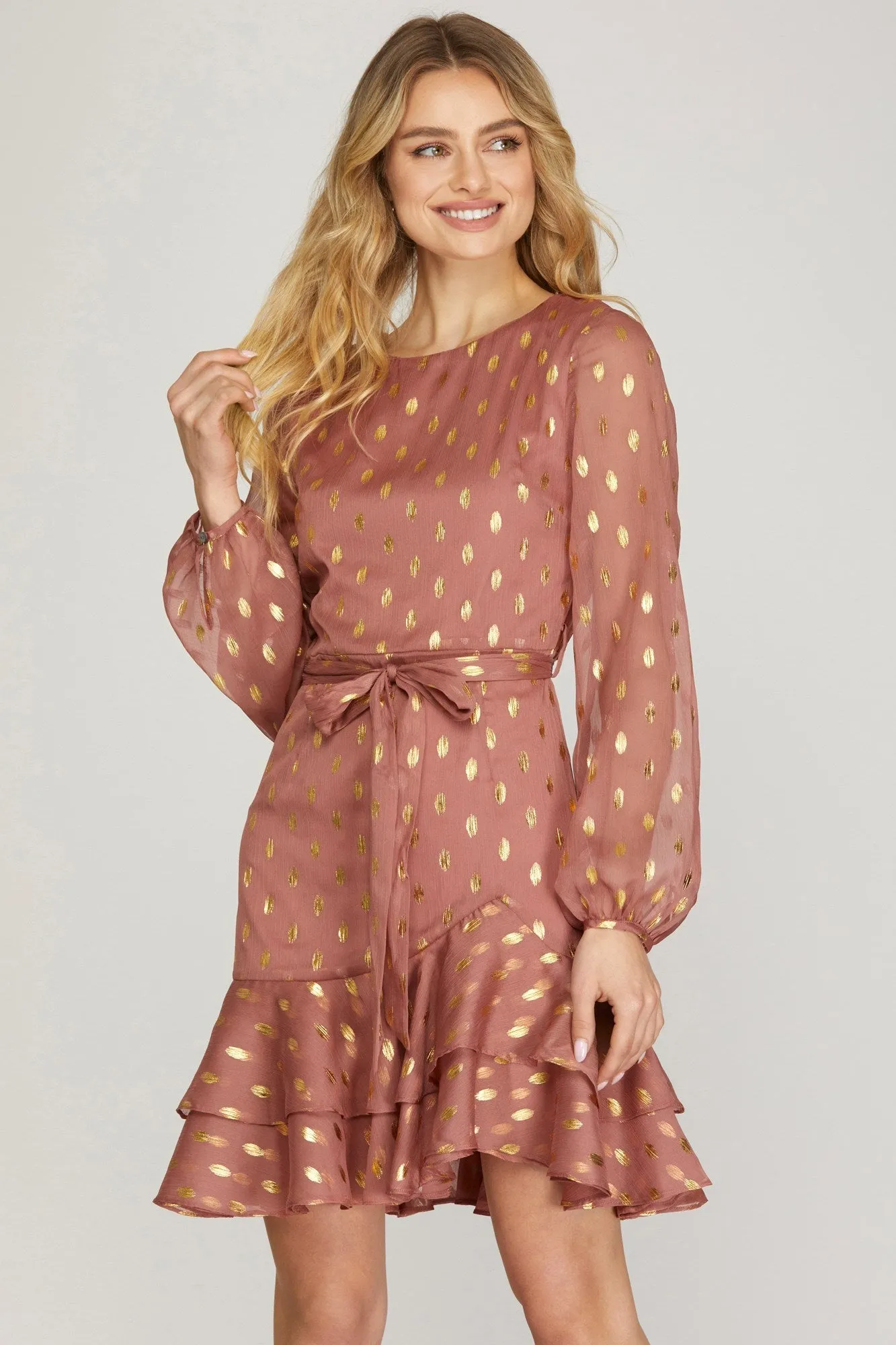 She And Sky Gold-Dot Chiffon Dress With Ruffled Hem In Dusty Rose