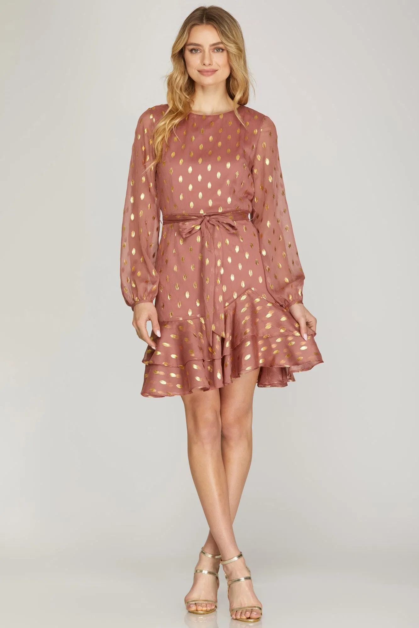 She And Sky Gold-Dot Chiffon Dress With Ruffled Hem In Dusty Rose
