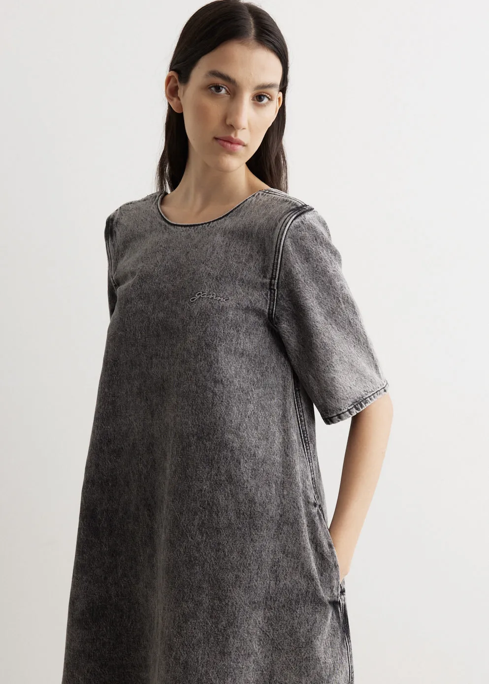 Snow Washed Denim A-Line Mini Dress