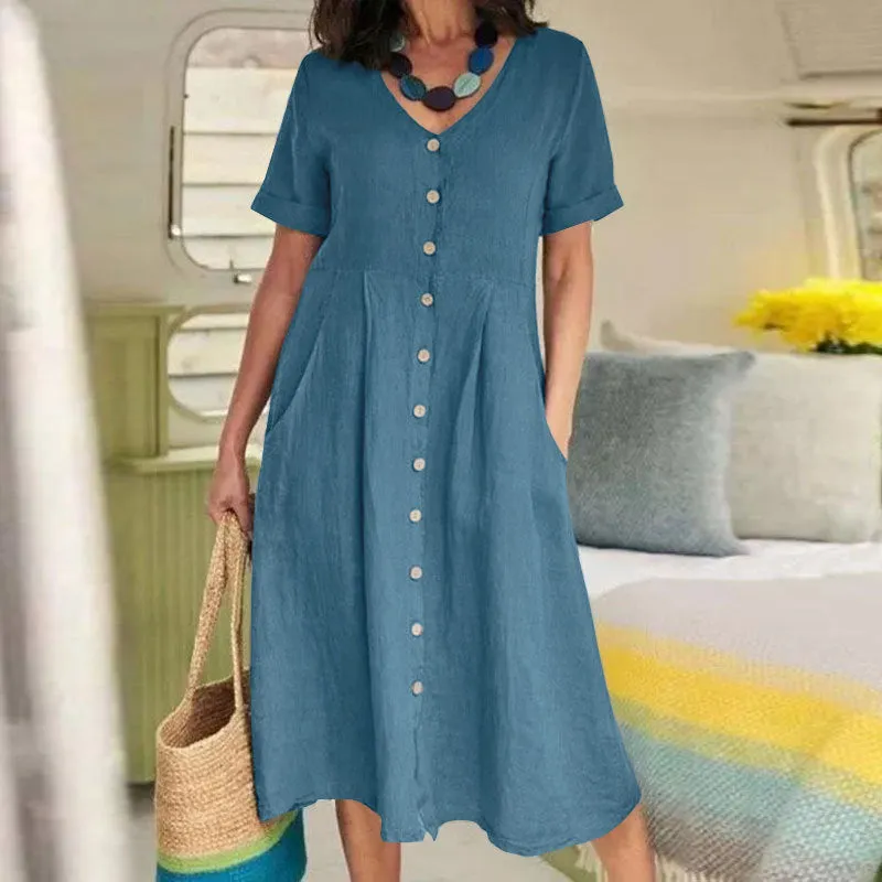 Solid Color Loose High Waist Linen Dresses