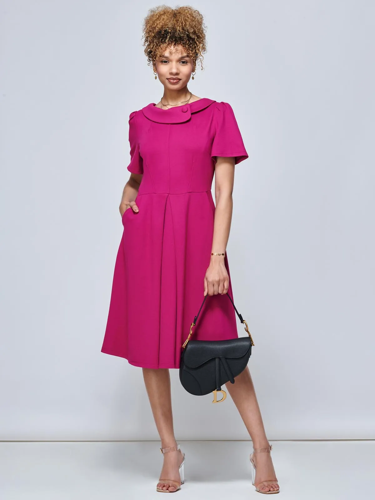 Sophia Button Collar Dress, Hot Pink