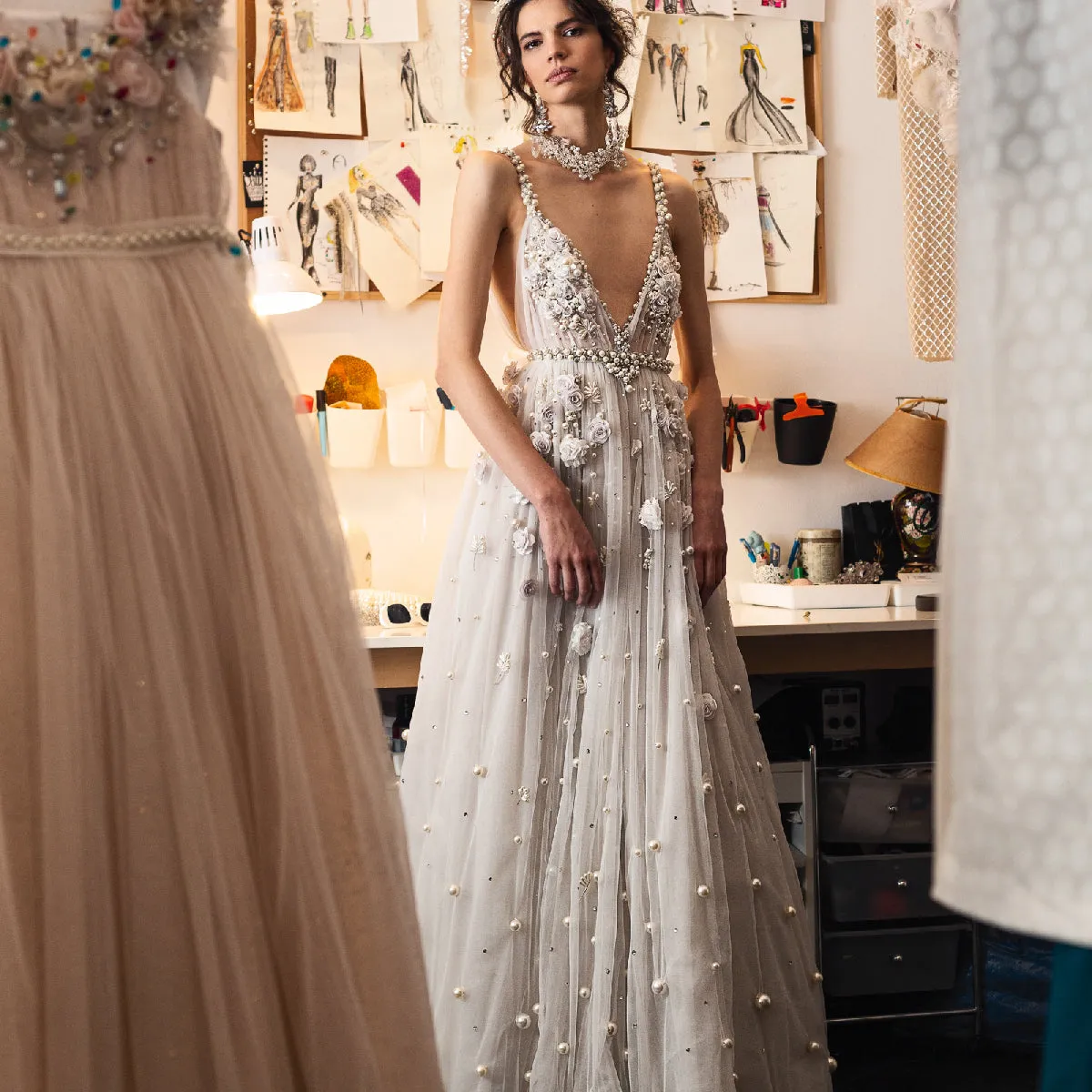 Straps Wedding Dresses for Bridal with Pears 3D Flowers