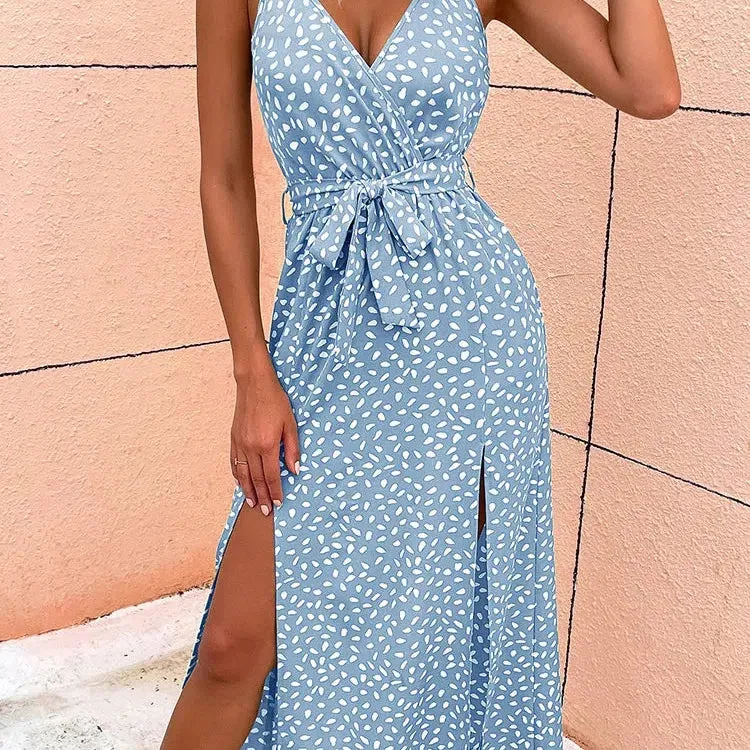 Summer Floral Print Long Dress Women Sexy Backless V Neck