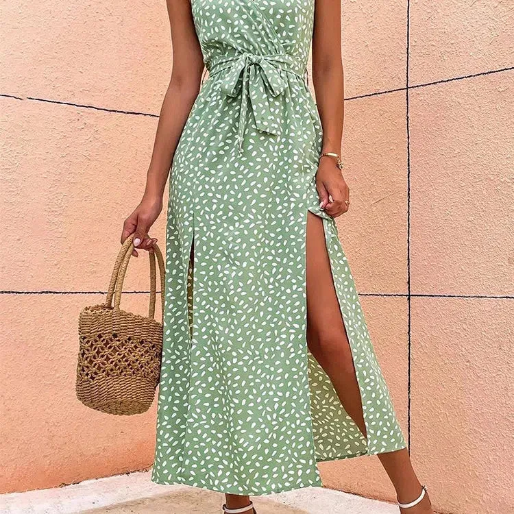 Summer Floral Print Long Dress Women Sexy Backless V Neck