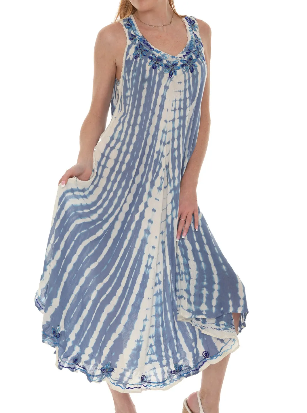 Tie-Dye With Embroidery Neckline Rayon Sundress