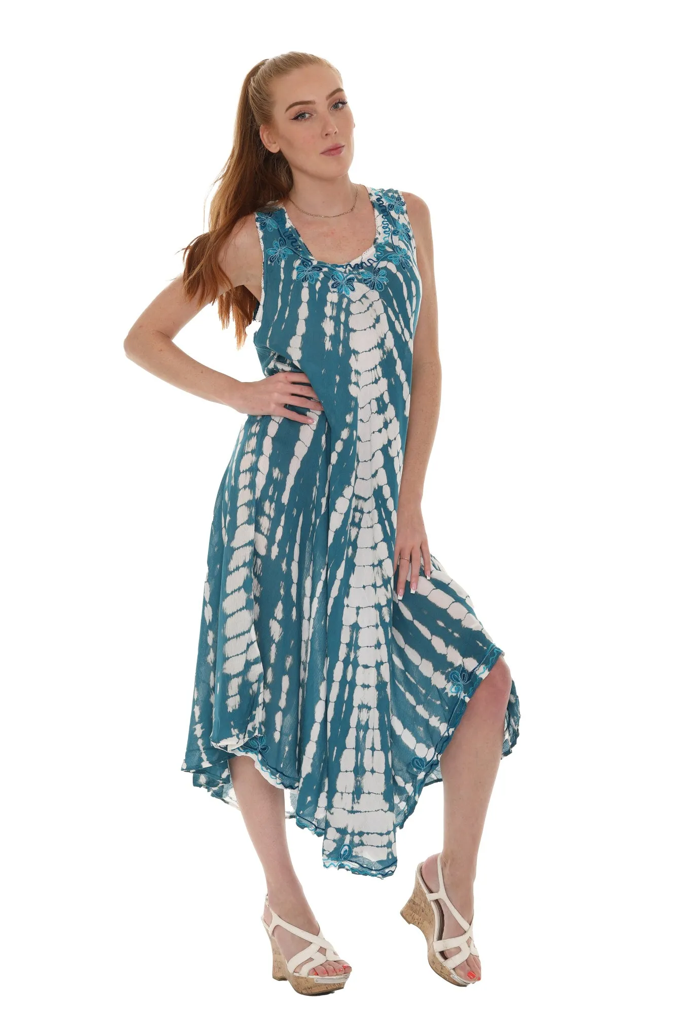Tie-Dye With Embroidery Neckline Rayon Sundress
