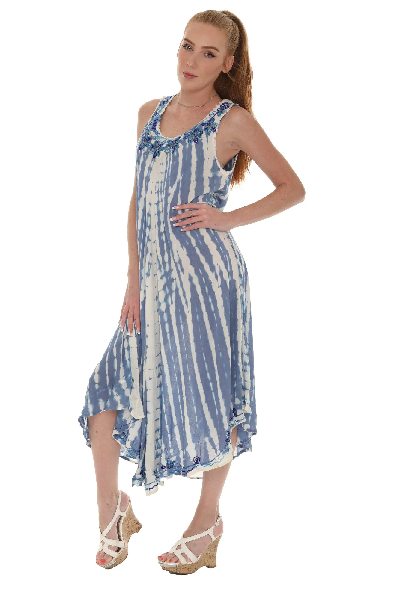 Tie-Dye With Embroidery Neckline Rayon Sundress