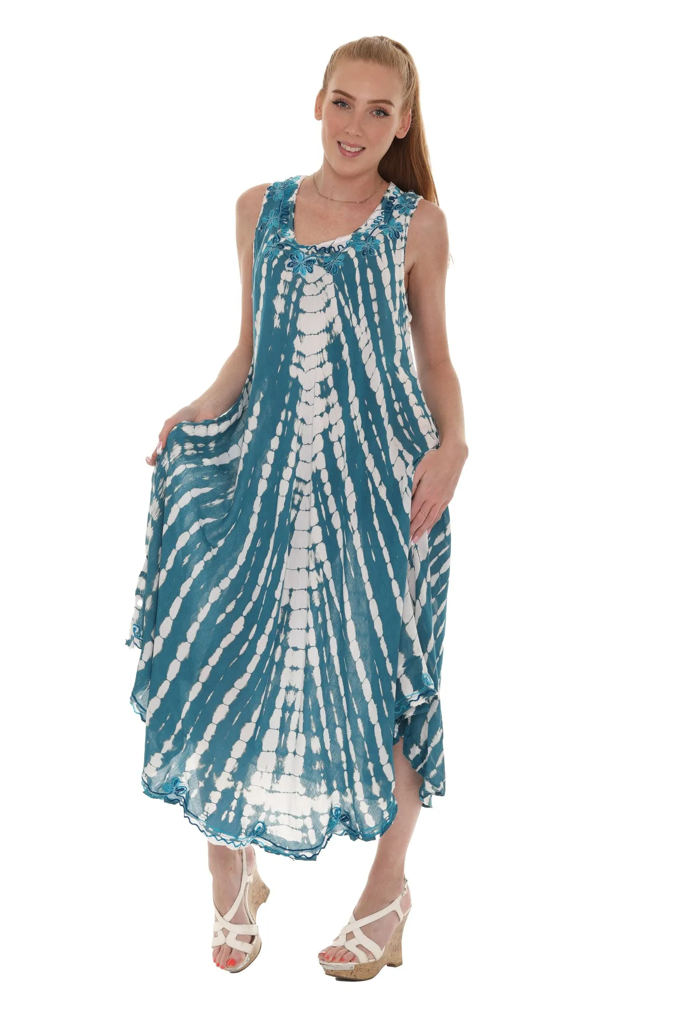 Tie-Dye With Embroidery Neckline Rayon Sundress