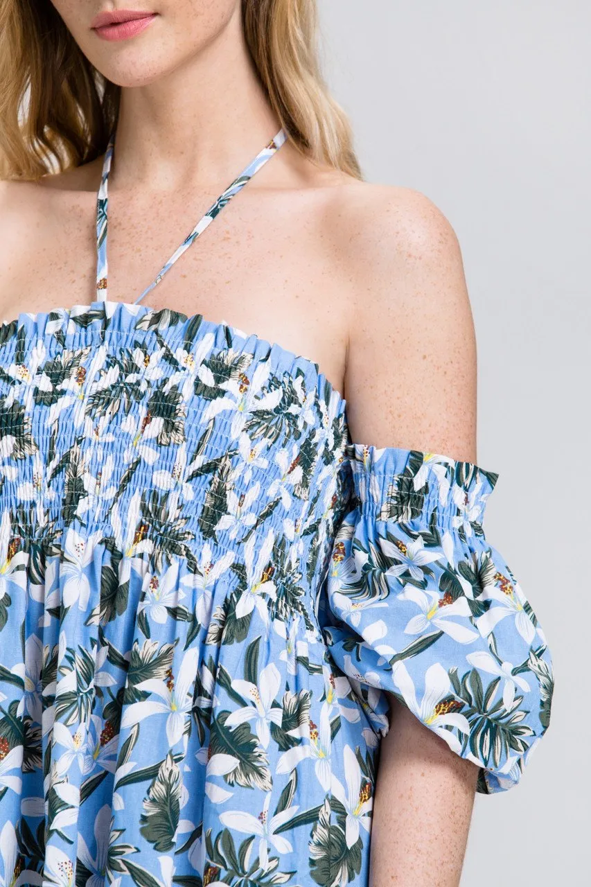 Tropical Flower Print Off the Shoulder Midi Dress