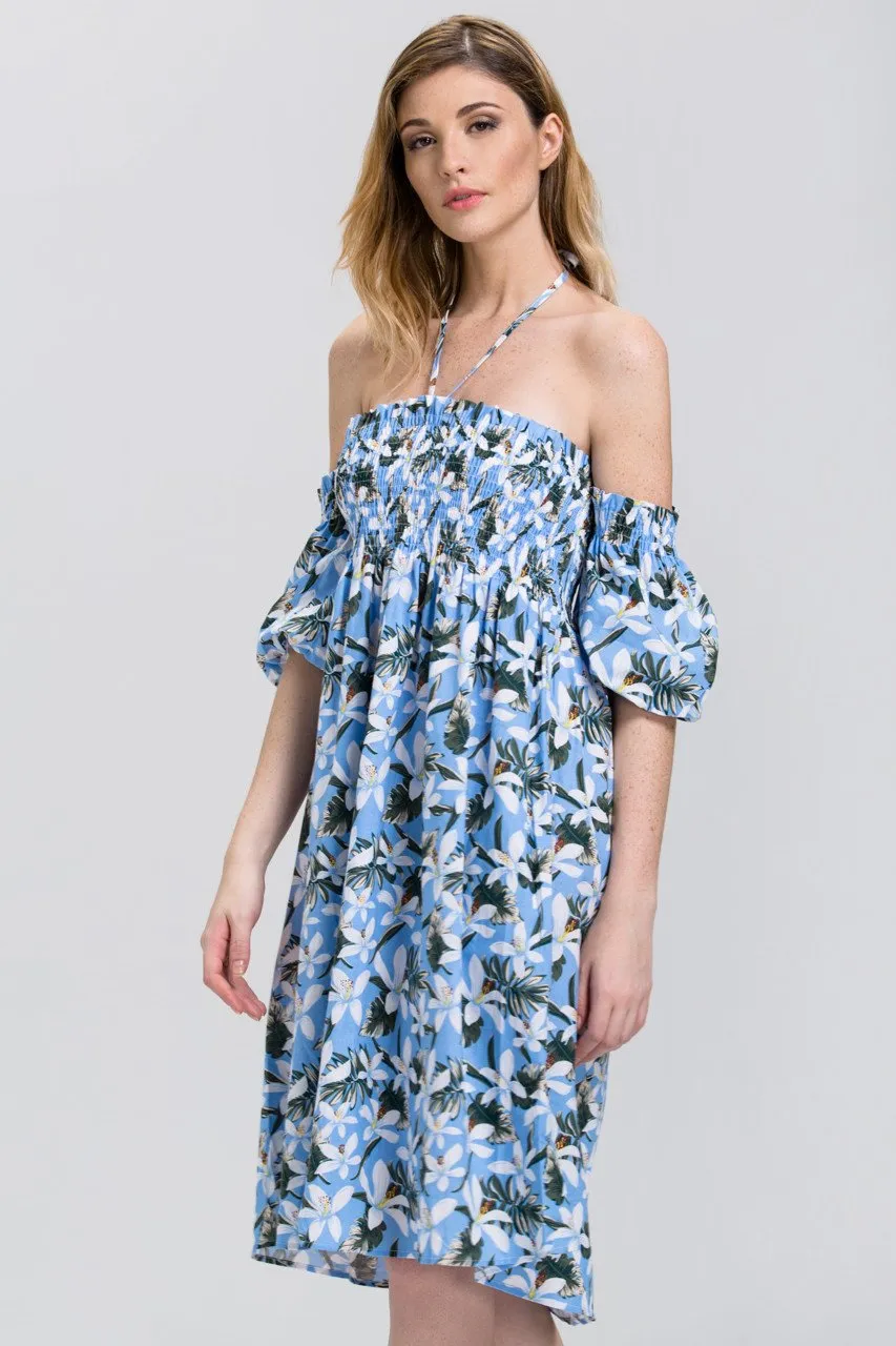 Tropical Flower Print Off the Shoulder Midi Dress