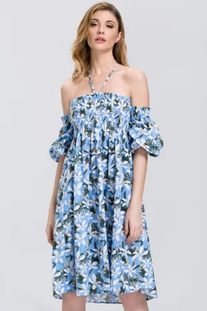 Tropical Flower Print Off the Shoulder Midi Dress