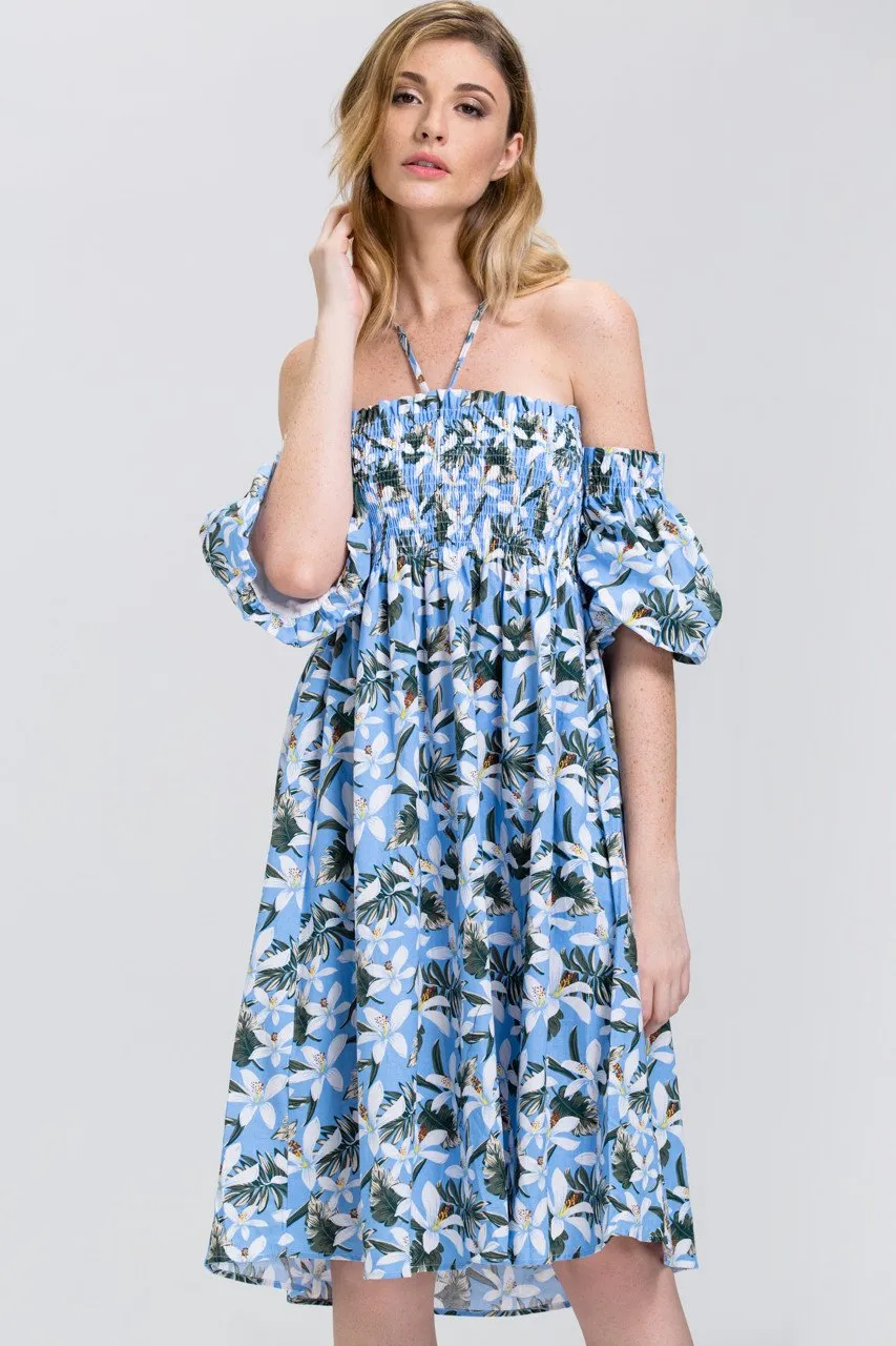 Tropical Flower Print Off the Shoulder Midi Dress