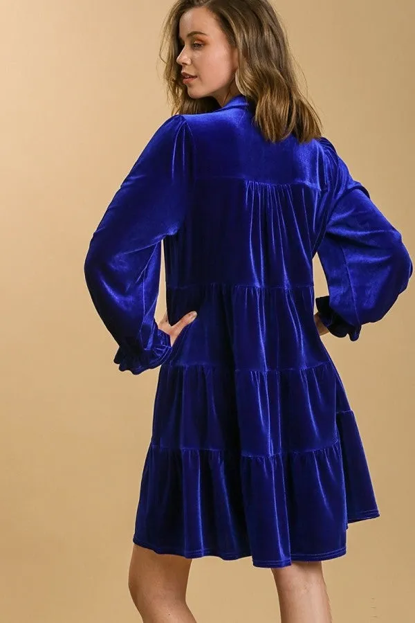 Umgee Velvet Collared Tiered Dress in Cobalt Blue