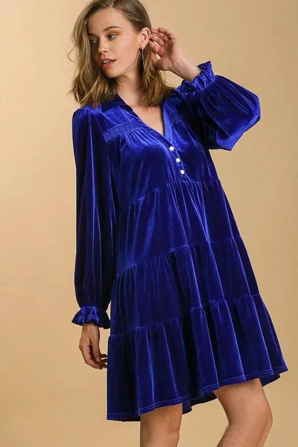 Umgee Velvet Collared Tiered Dress in Cobalt Blue