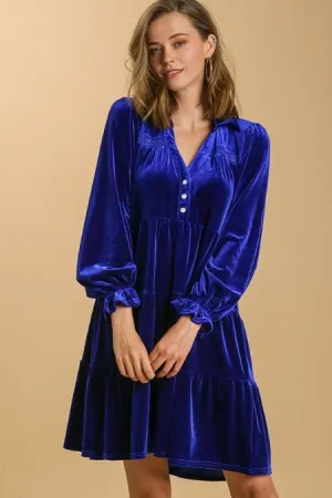 Umgee Velvet Collared Tiered Dress in Cobalt Blue